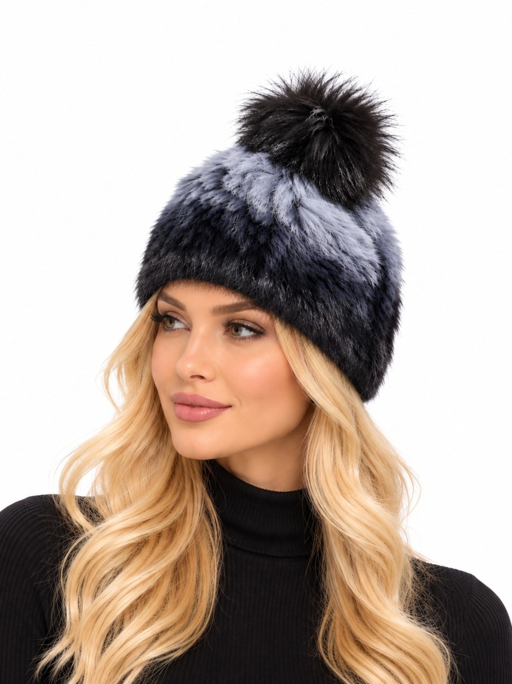 Gradient Genuine Fox/Rabbit Fur Pom Beanie in Blue and Black